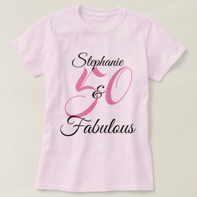 Camiseta 50 e Festa de aniversário rosa-fabulosa personaliz (Frente do Design)