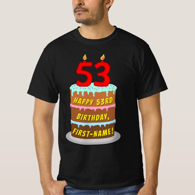 Camiseta 53º aniversário — Bolo e Velas Divertidas, com nom (Frente)