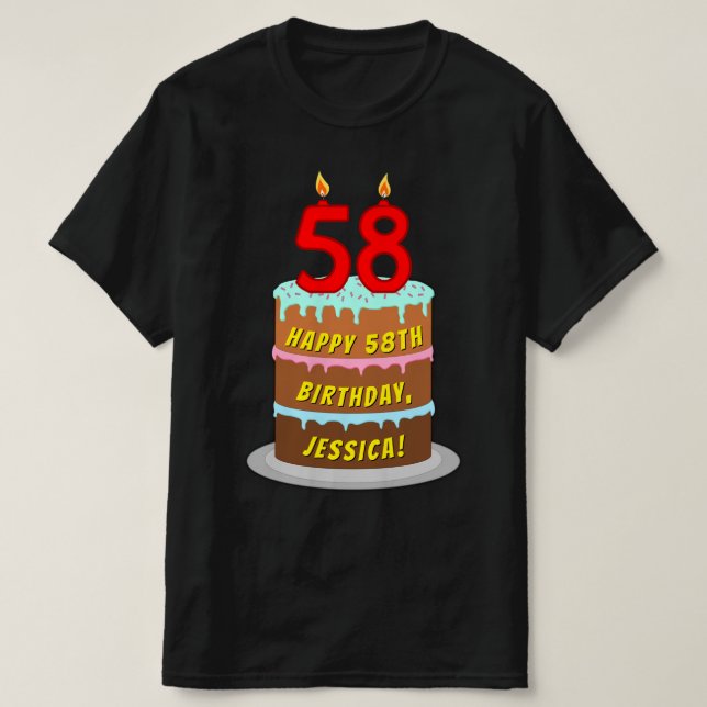 Camiseta 58.o aniversário — Bolo e Velas Divertidas, com no (Frente do Design)