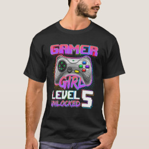 Camiseta 5 Birthday Gamer Girl Nível 5 Desbloqueada Gamer B