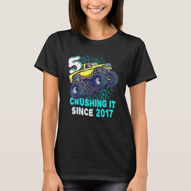 Camiseta 5 Birthday Monster Truck 5 Anos 5 Esmagando S (Frente)