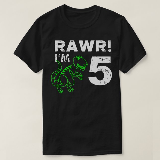 Camiseta 5 Birthday Rawr Im 5 Anos Dinossauro (Frente do Design)