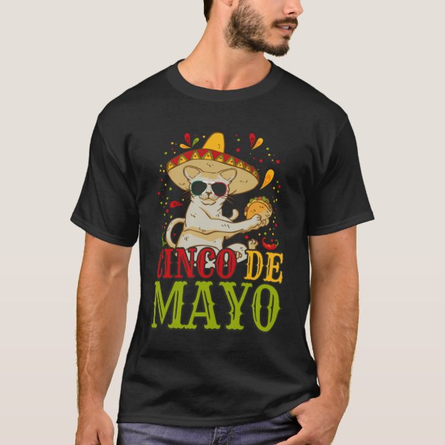 Camiseta 5 Cinco Cinco De Mayo Cat Com Chapéu Mexicano E Ta (Frente)