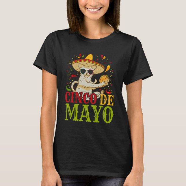 Camiseta 5 Cinco De Mayo  Cat With Mexican Hat And Taco (Frente)