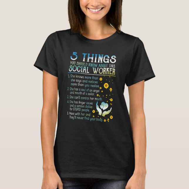 Camiseta 5 Coisas Assistente Social   Vida de Trabalho Soci (Frente)
