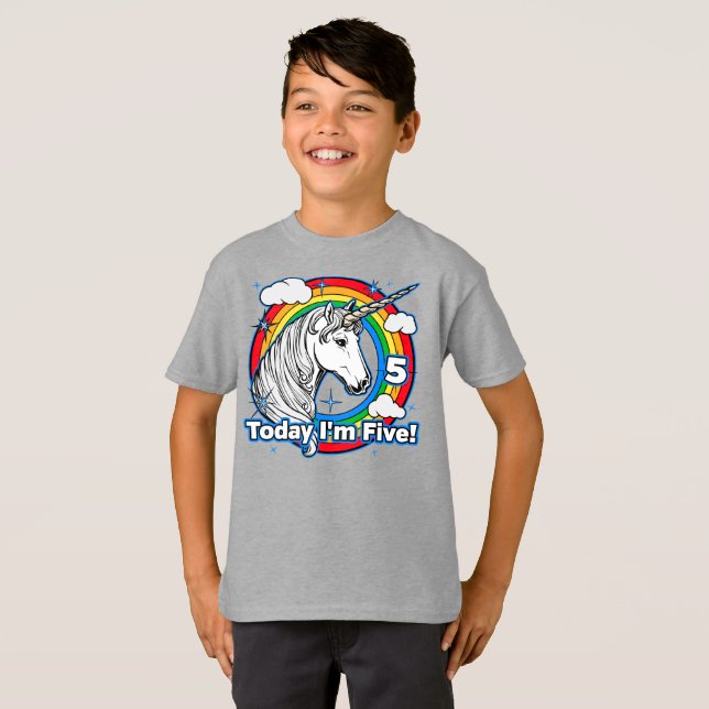 Camiseta 5 de Aniversário do Kid Rainbow Unicorn Hoje eu so (Frente Completa)