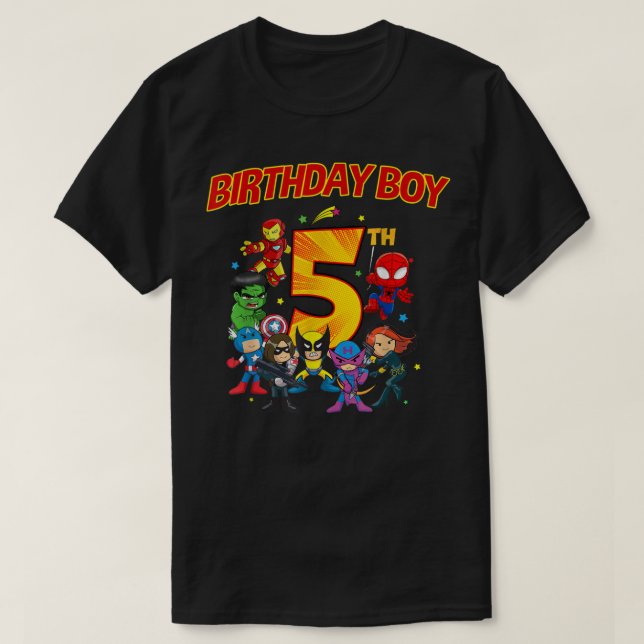 Camiseta 5 Terceiro Aniversário Super Heróis Super Heroicos (Frente do Design)