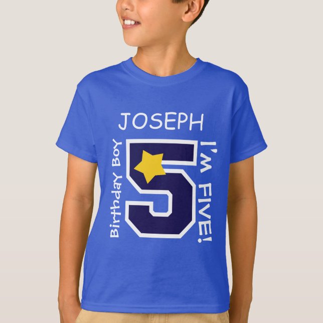 Camiseta 5o AZUL do menino do aniversário um nome feito sob (Frente)