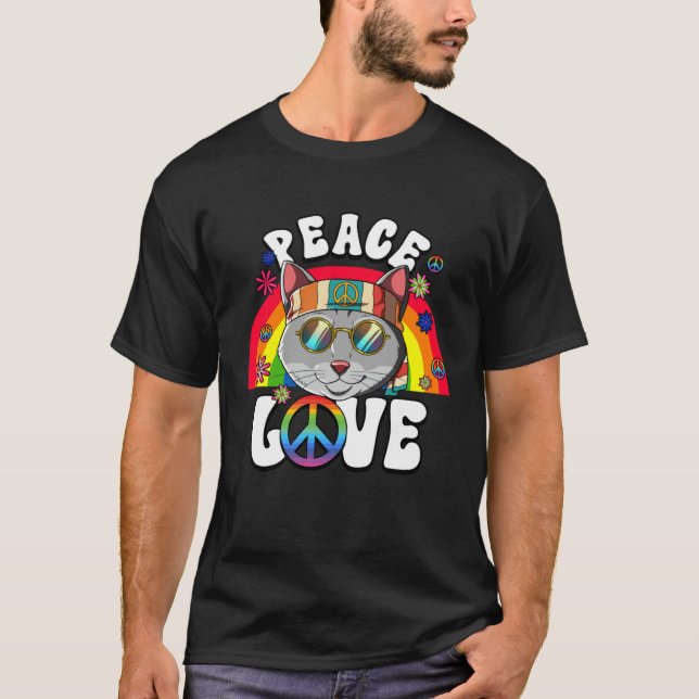 Camiseta 60s 70s Costume Peace Love Hippie Cat (Frente)