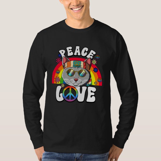 Camiseta 60s 70s Costume Peace Love Hippie Cat (Frente)