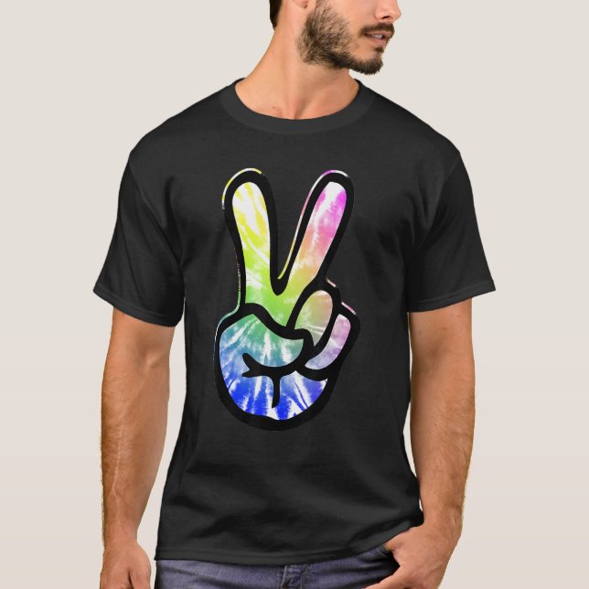 Camiseta 60s 70s Tie Dye Peace Hand Sign   Hippie (Frente)
