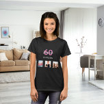 Camiseta 60th birthday custom photo pink monogram woman<br><div class="desc">For a 60th birthday as a gift or for the party. A collage of 3 of your photos of herself friends,  family,  interest or pets.  Personalize and add her name,  age 60 and a date.  Date of birth or the date of the birthday party.  Pink and white colored letters.</div>