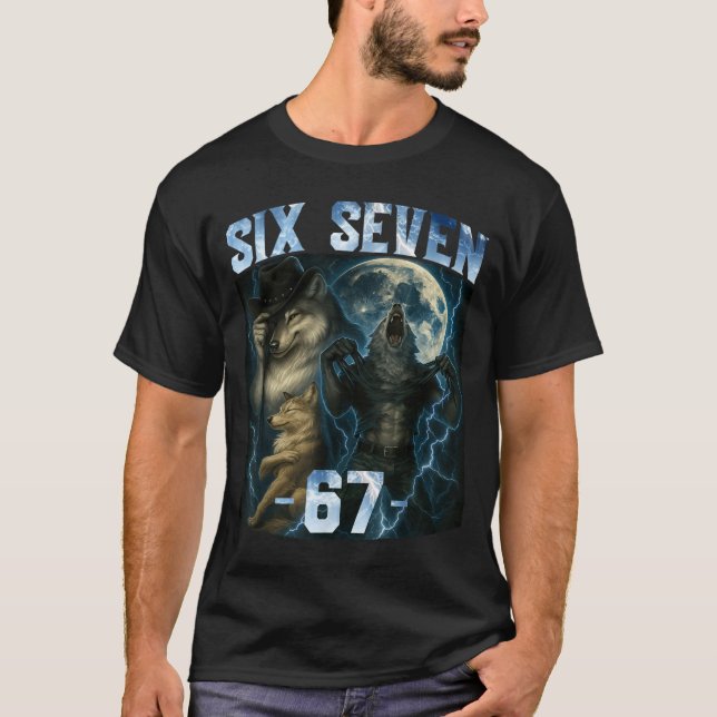 Camiseta 67 Alpha Wolf Meme Funny Graphic Tee Six Seven Hum (Frente)