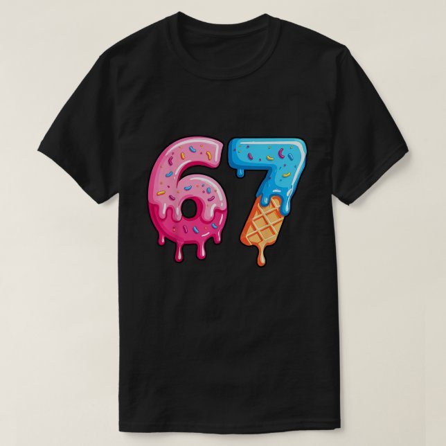 Camiseta 67 Números de Rosquinhas e Sorvetes de aniversário (Frente do Design)