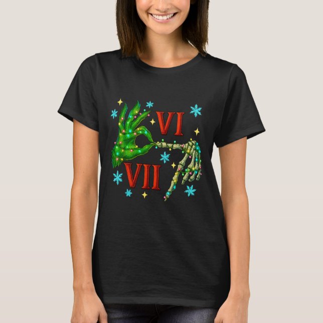 Camiseta 6 7 Six Seven Meme Christmas Hand Gen Z Alpha Xmas (Frente)