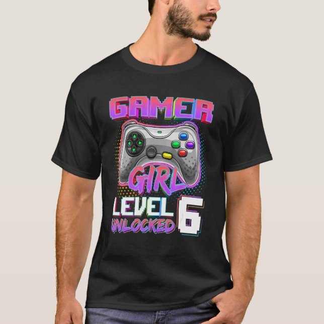 Camiseta 6 Birthday Gamer Girl Nível 6 Desbloqueada Gamer B (Frente)
