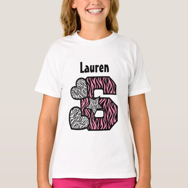 Camiseta 6 Birthday Zebra Star Hearts Cinco anos V03E (Frente)