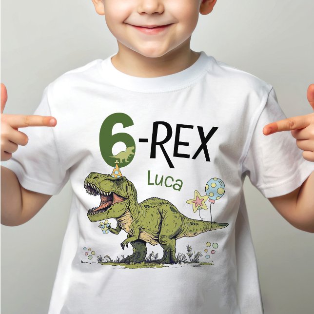 Camiseta 6-Rex Cute Dinosaur Theme 6th Birthday Party Name  (Cute funny Jurassic dinosaur theme green roar T-Rex dino cartoon 6-rex 6th birthday party t-shirt)