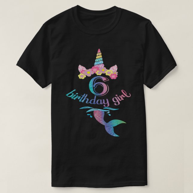 Camiseta 6 Unicorn Mermaid Birthday menina de 6 anos (Frente do Design)