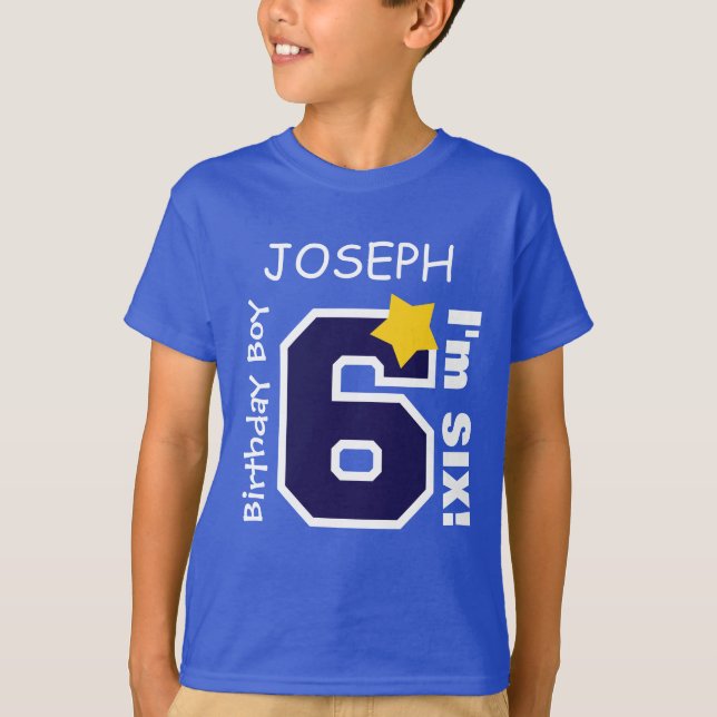 Camiseta 6o AZUL do menino do aniversário um nome feito sob (Frente)
