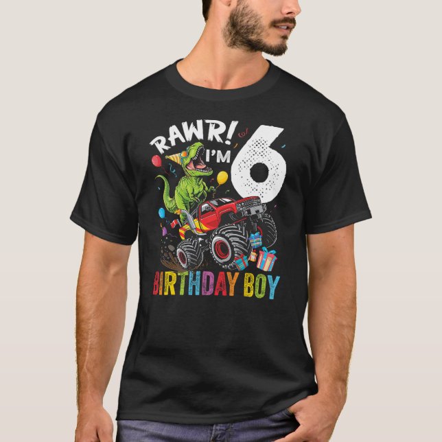 Camiseta 6th Birthday Boy Dinosaur Monster Truck (Frente)