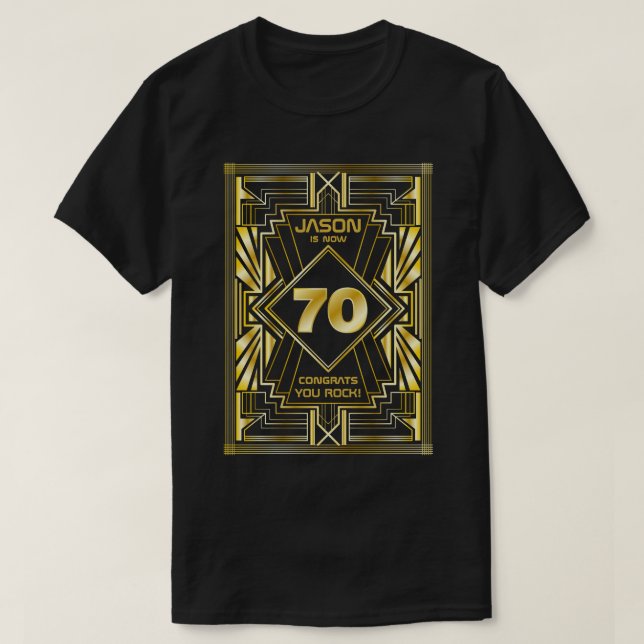 Camiseta 70 Aniversário Art Deco Dourado Excelente Negro Ga (Frente do Design)
