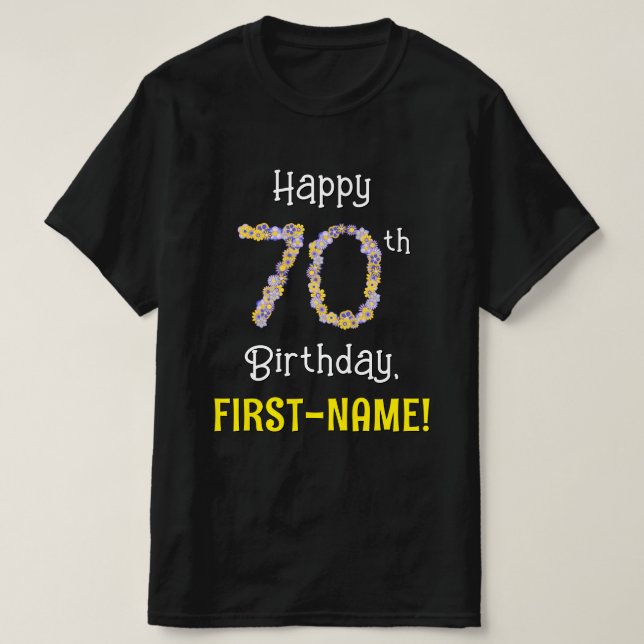 Camiseta 70 Aniversário: Flores Número "70" + Nome (Frente do Design)