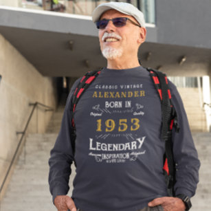 Camiseta 70 Birthday 1953 Nome Legendário Dourado Azul Escu
