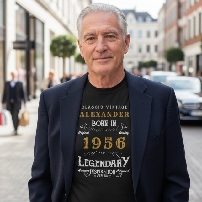 Camiseta 70 Birthday Classic Vintage 1956 Legendary Black (Black 1956 T-shirt worn under a jacket in a street scene)