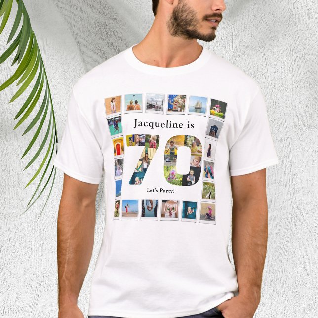 Camiseta 70 Birthday Design da sua própria Colagem de Fotos (Personalized 70th Birthday tshirt with family photo collage template.)