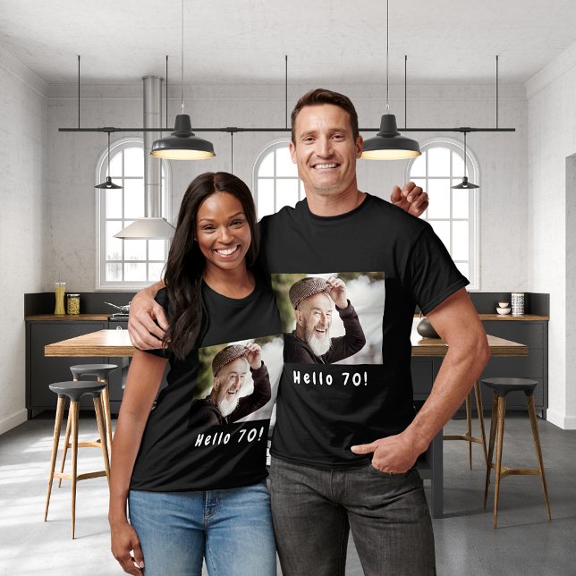 Camiseta 70 de aniversário de foto personalizada saudação d (Criador carregado)