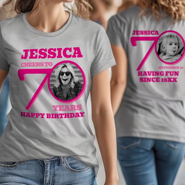 Camiseta 70th Birthday doubled sided photo name pink text (Criador carregado)