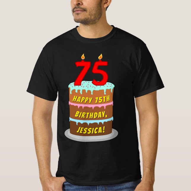 Camiseta 75.o aniversário — Bolo e Velas Divertidas, com no (Frente)