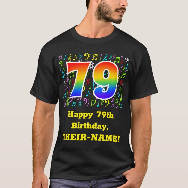 Camiseta 79.º aniversário: Símbolos de Música Coloridos, Ra (Frente)
