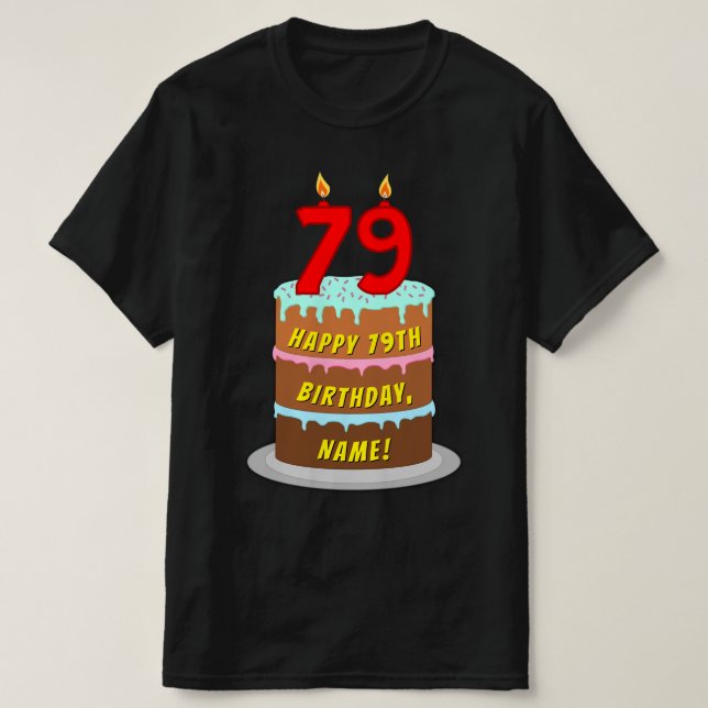 Camiseta 79.o aniversário — Bolo e Velas Divertidas, com no (Frente do Design)