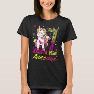 Camiseta 7 Aniversário de 7 Anos Menina Flageando Unicórnio