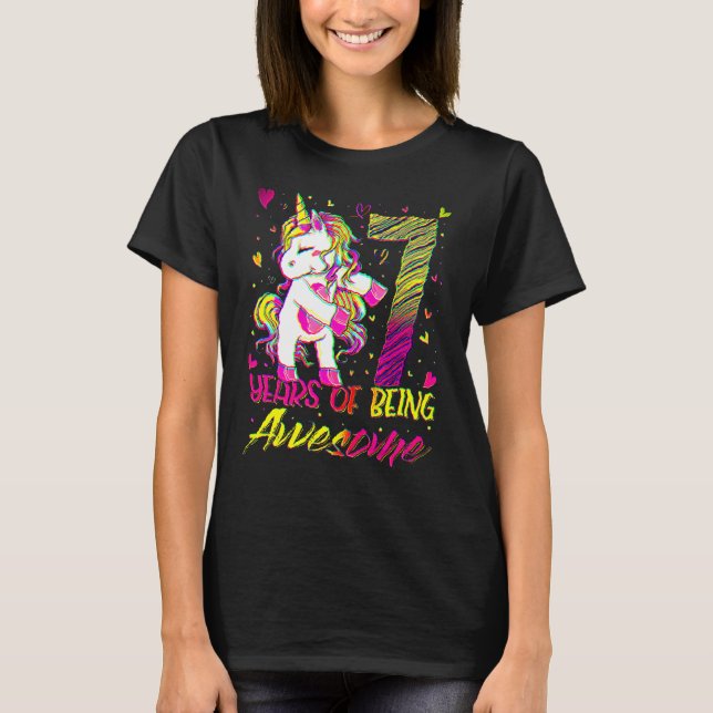 Camiseta 7 Aniversário de 7 Anos Menina Flageando Unicórnio (Frente)
