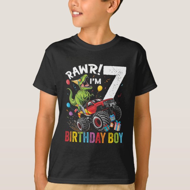 Camiseta 7 Birthday Boy Dinosaur Monster Truck (Frente)
