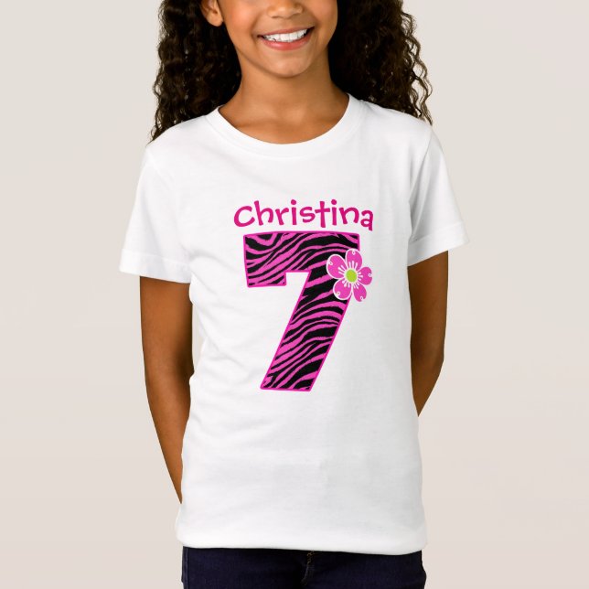 Camiseta 7 Birthday Girl Hot Pink & Black Zebra Padrão (Frente)