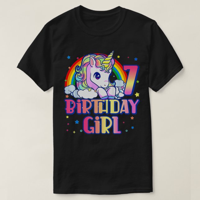Camiseta 7 Birthday Rainbow Unicorn Birthday Birthday Gi (Frente do Design)
