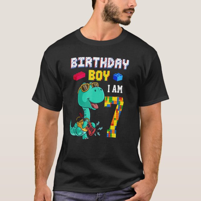 Camiseta 7 Birthday T Rex 7 Anos Antigo Bloco Building Dino (Frente)