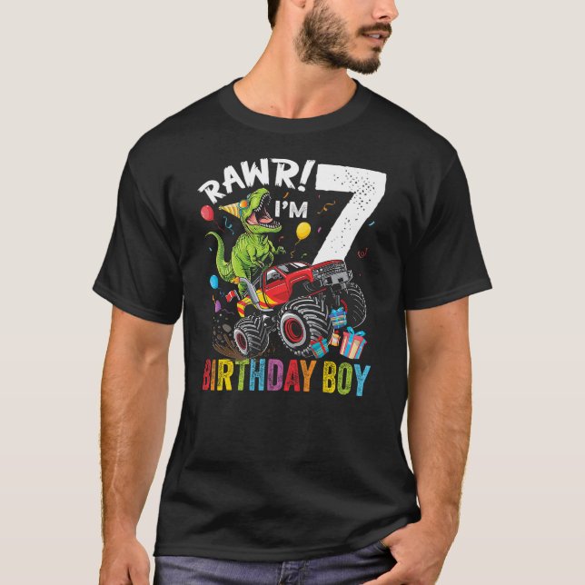Camiseta 7th Birthday Boy Dinosaur Monster Truck (Frente)