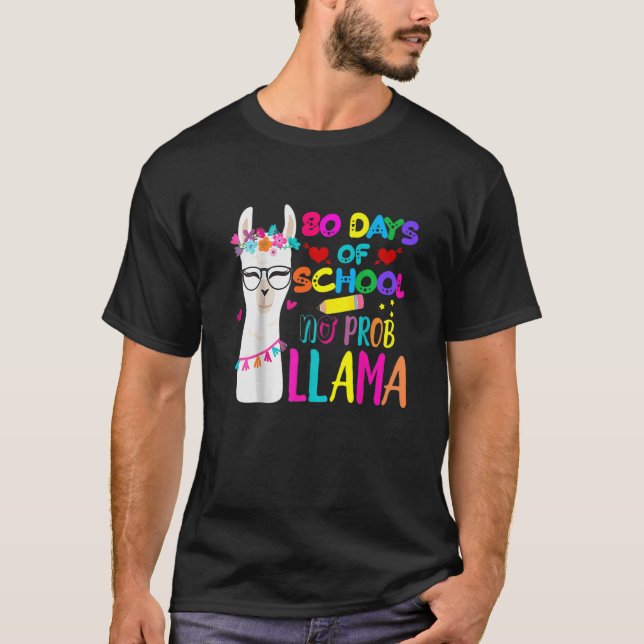 Camiseta 80 Days Of School Teacher No Prob Llama Girls Boys (Frente)