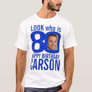 Camiseta 80 de aniversário, azul, com 80 fotos personalizad