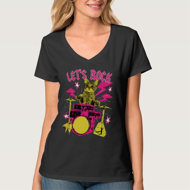 Camiseta 80s Rock N Roll Girl Cat Let's Rock (Frente)