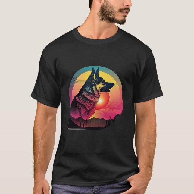 Camiseta 80s Synthwave German Shepherd with a Retro Aesthet (Frente)