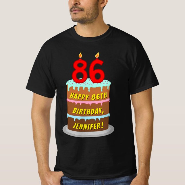 Camiseta 86.o aniversário — Bolo e Velas Divertidas, com no (Frente)