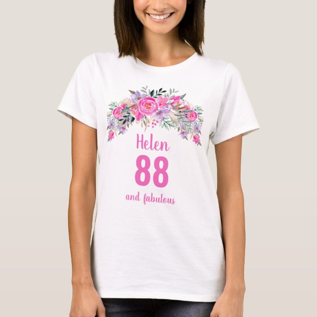 Camiseta 88.º aniversário do nome floral rosa (Frente)