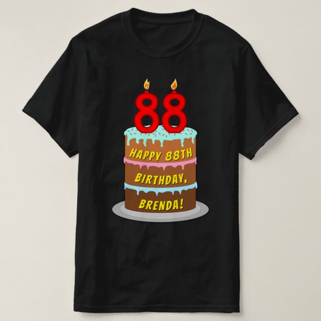 Camiseta 88.o aniversário — Bolo e Velas Divertidas, com no (Frente do Design)