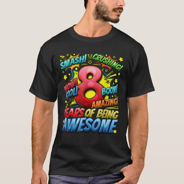 Camiseta 8.º aniversário do estilo cômico impressionante de (Frente)